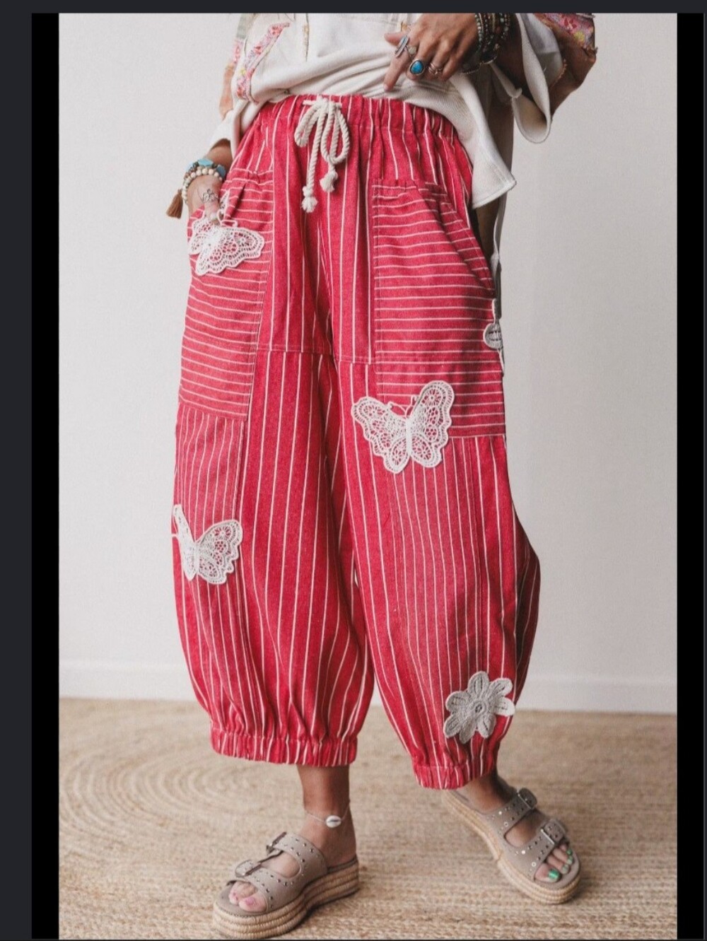 Davi & Dani Butterfly Lace Pinstripe Barrel Leg Boho Relaxed Pants Sz 2X Red